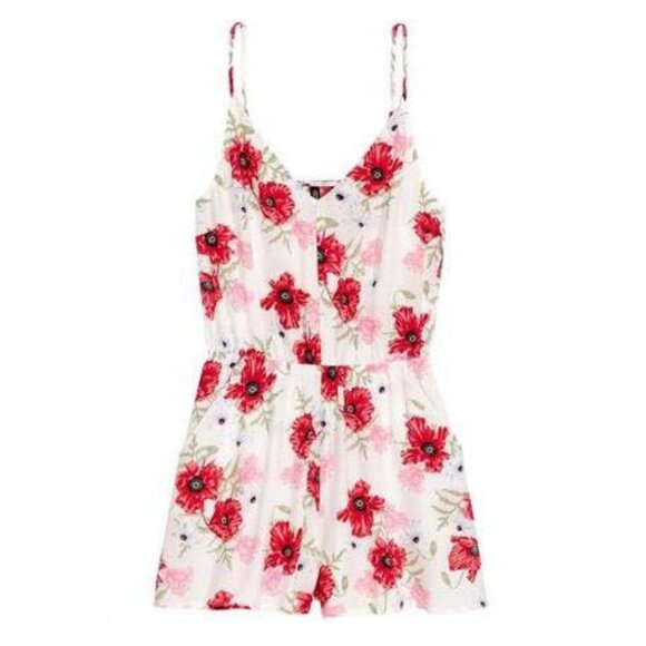 H&M Pants - H&M Vibrant Red and Pink Floral Jumpsuit Romper Playsuit with V-Neck